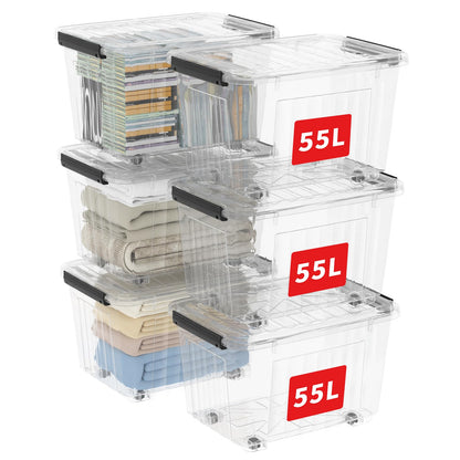 Cetomo 60Qt*6 Plastic Storage Bins, Storage Box, 6 Pack, Organizing Container with Wheels, Durable