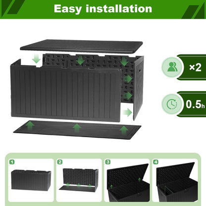 270 Gallon Outdoor Storage Box Waterproof, Extra Large Plastic Outside Deck Box Weatherproof, Resin Patio Storage Bin with Lock and Lids for Pool Equipment and Cushion, Black