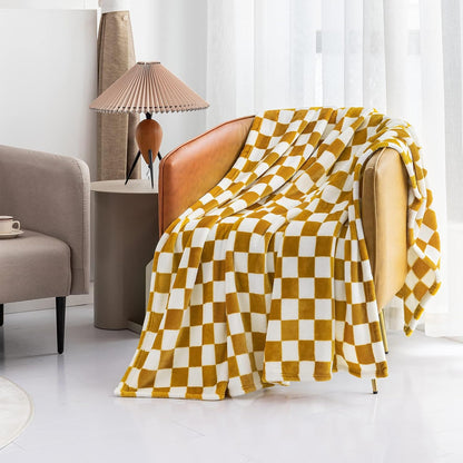 LOMAO Throw Blankets Flannel Blanket with Checkerboard Grid Pattern Soft Throw Blanket for Couch, Bed, Sofa Luxurious Warm and Cozy for All Seasons (Yellow, 50"x60")