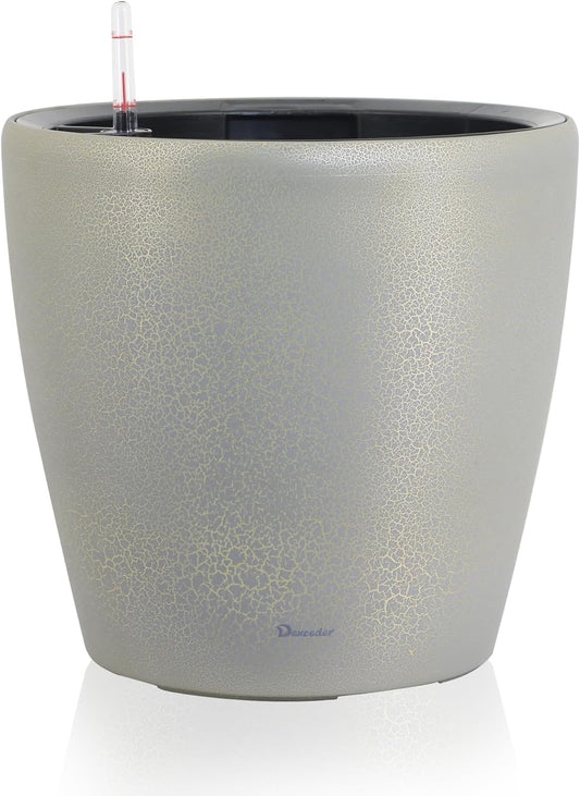 Dexceder 18x17 Self Watering Planter with Wheels Indoor Outdoor, Inner Pot Design, Thickened Large Floor Standing Flower Plant Pot with Water Level Indicator (Grey Gold Crackle)