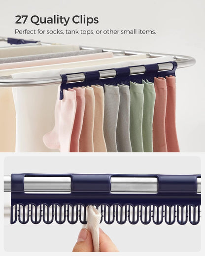 SONGMICS Clothes Drying Rack, Foldable 2-Level Laundry Drying Rack, Free-Standing Laundry Airer, with Height-Adjustable Wings, 33 Drying Rails, Sock Clips, Silver and Blue ULLR53BUV1