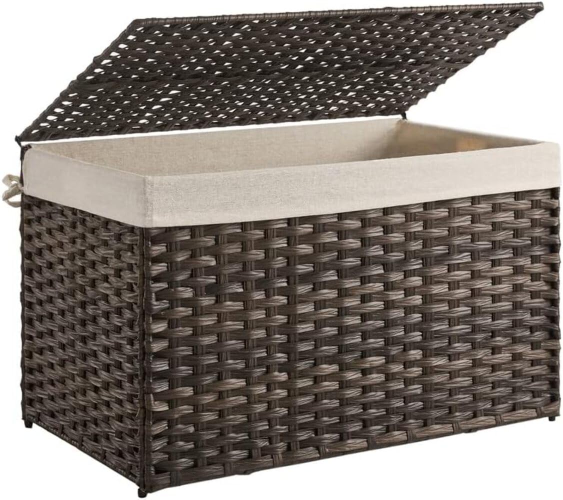 SONGMICS Storage Basket with Lid, Woven Blanket Storage Bin with Handles, Foldable, Removable