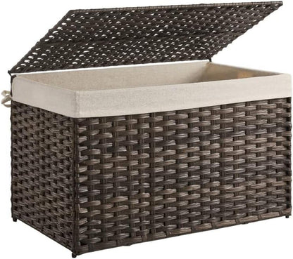 SONGMICS Storage Basket with Lid, Woven Blanket Storage Bin with Handles, Foldable, Removable