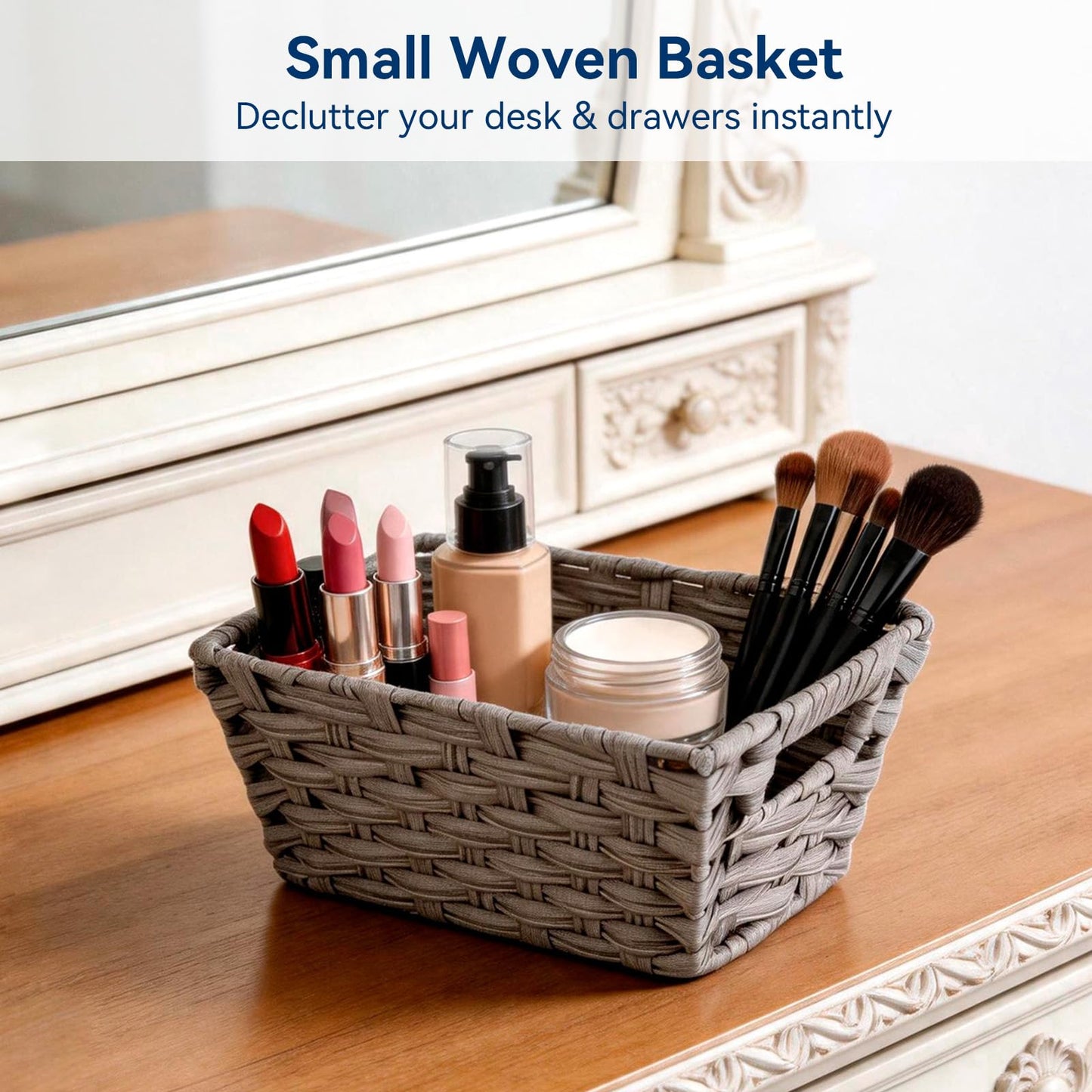 Whitmor Small Woven Storage Basket with Handles, Gray Wash