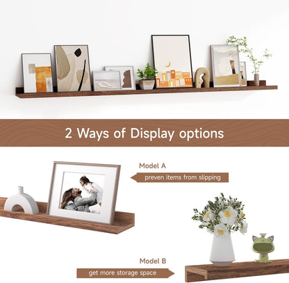 Floating Picture Ledge Shelves for Wall Set of 2, 55 Inches Picture Shelf with Ledge, Nursery Book Shelf for Toys Storage Kids Bookshelf Wall Mounted Living Room Bedroom Decor Frames, Walnut