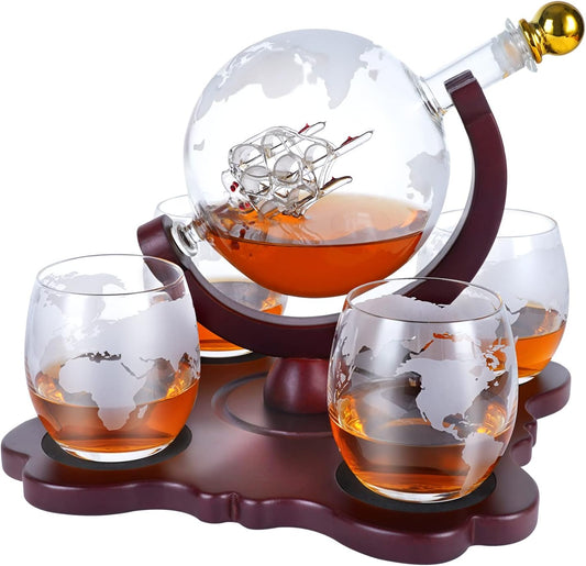 Gifts for Men Dad Husband Christmas, Whiskey Globr Decanter Set with 4 Etched Globe Glasses, Unique Anniversary Birthday Gifts for Brother Boyfriend, Cool Stocking Stuffers Bourbon Whikey Gifts