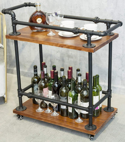 Industrial Pipe Bar Carts/Serving Carts/Kitchen Carts/Wine Rack Carts on Wheels with Shelves - Wood Rolling Carts - Wine Tea Liquor Shelves/Holder - Home Furniture