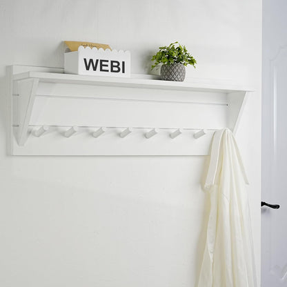 WEBI Coat Rack Wall Mount with Shelf,8 Peg Hooks,34" Long Entryway Wall Shelf with Hooks Underneath for Hanging Coats,Caps,Jacket,Clothes,White