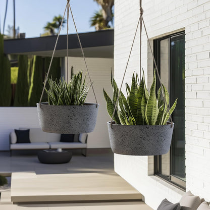 La Jolie Maison Large Hanging Planters - 12 Inch Outdoor Flower Pots, Rock Gray Hanging Garden Planters Set of 2
