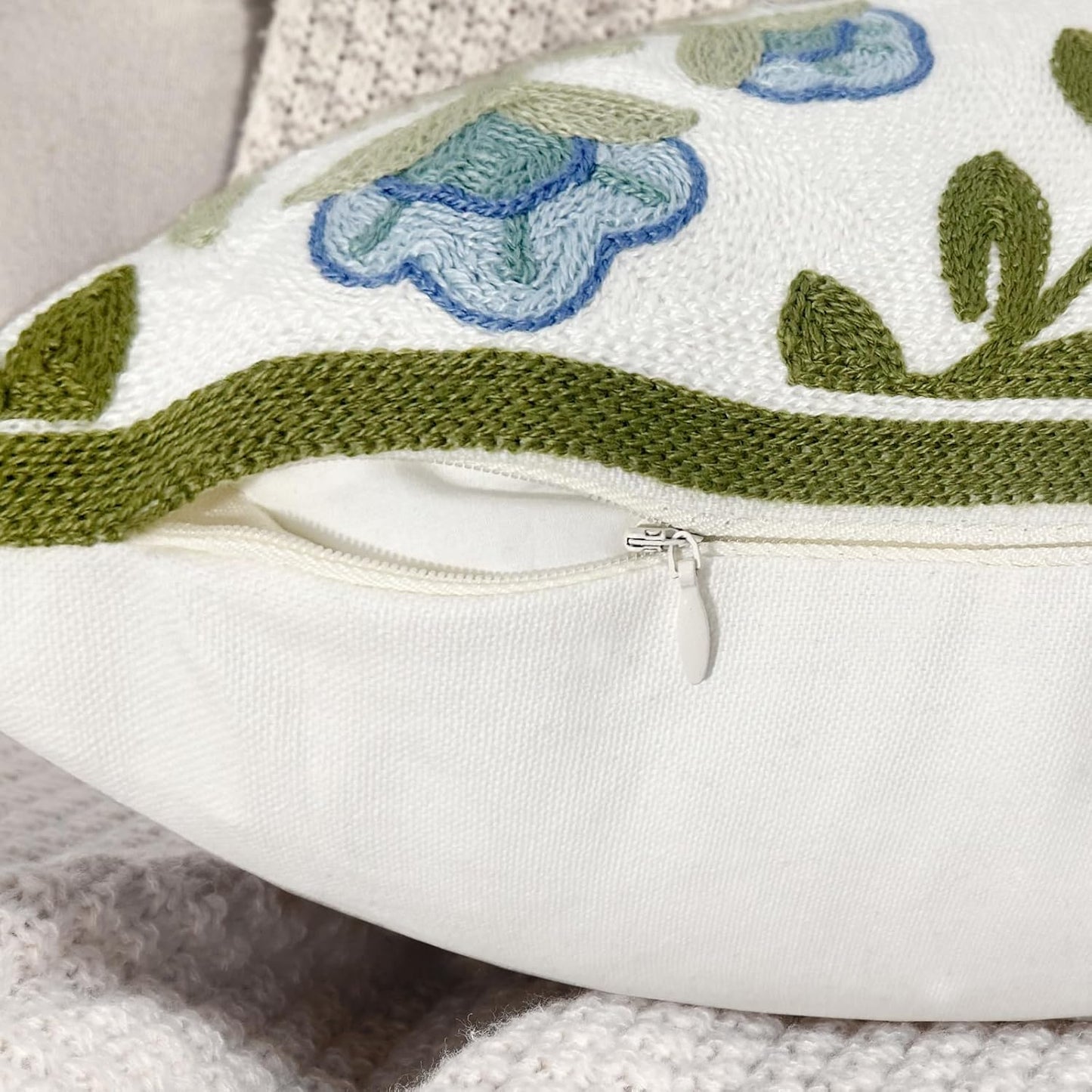 Alysheer Floral Embroidered Summer Decorative Throw Pillow Covers 20"x 20" Set of 2, Farmhouse Cottage Blue Flowers Green Leaves Knit Pattern Cotton Canvas Cushion Case for Couch Bed Living Room