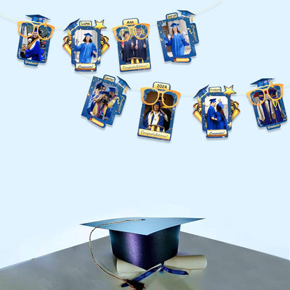 pinkblume Graduation Party Decorations Navy Blue and Gold Grad Photo Banner Royal Blue Gold Congrats Grad Photograph Bunting Garland for 2025 Graduation Celebration Party Decorations Supplies