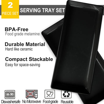 Long Melemine Serving Tray, 17.3x8x1.5 in Serving Platters and Trays for Appetizer, Charcuterie, Bread, Fruit, Dessert, Set of 2, Black
