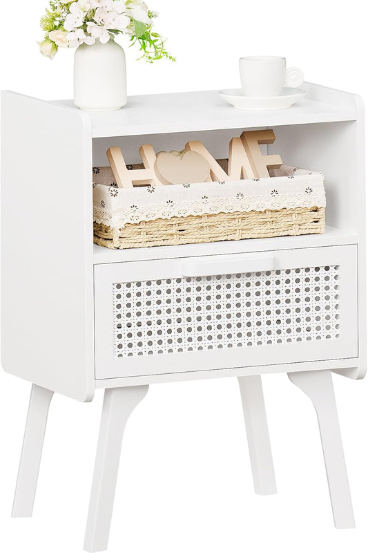 Lerliuo Rattan Nightstand, Side Table with Drawer Open Shelf, Cane Accent Bedside End Table with