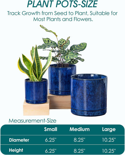 vancasso Ceramic Planters, Plant Pots for Indoor Plants, 6.25+8.25+10.25 Inch Ceramic Pots for Plants, Flower Pots with Drainage Holes (Blue, 6.25+8.25+10.25 Inch)