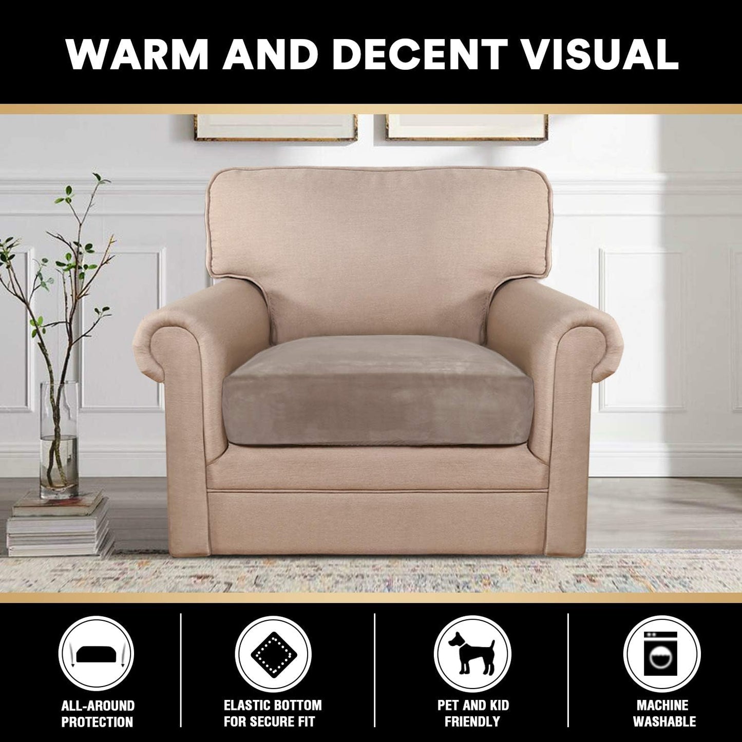 PrinceDeco Velvet Stretch Couch Cushion Cover Soft Cushion Slipcover for Chair Cushion Furniture Protector Seat Cushion Sofa Cover (Width Up to 29.5", Taupe)