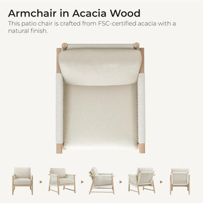 CHITA Boho Patio Rattan Chair, Outdoor Wicker Chair with 7.1″ Thickened Cushions Acacia Wood Frame(Cream)