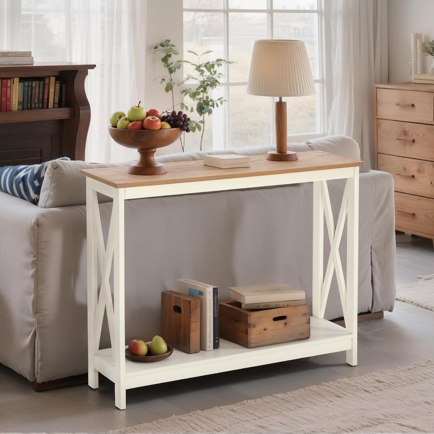 ALPHA HOME Console Table for Entryway, 2 Tier Storage Shelf Farmhouse Entryway Table, X-Shaped Design Narrow Sofa Table for Hallway, Living Room, Ivory