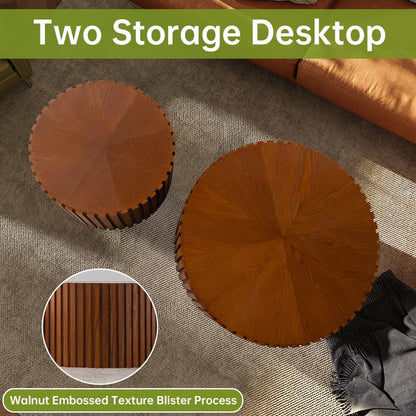 Round Nesting Coffee Table Modern Walnut Fluted Coffee Table Set of 2 Stripe Round Coffee Table Circle Drum Coffee Tables for Living Room (Walnut Large)