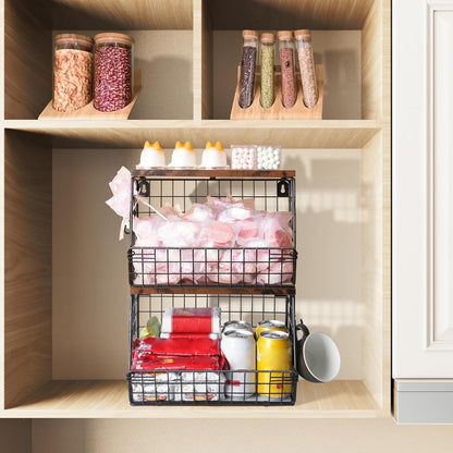 2pcs Fruit Basket Kitchen Storage Basket with Wood Lid, Stackable Wall Basket Fruit Basket for Kitchen, Countertop Organizer for Snack, Fruit and Veggie Storage, 11.8 x 7.9 x 8.5 Inch