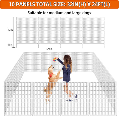 10 Panels No Dig Fence with Gate, 32 in(H) X 24 ft(L) Garden Decorative Fence Animal Barrier for Dogs, Rustproof Metal Garden Edging Border for Outdoor, Yard, Patio, White