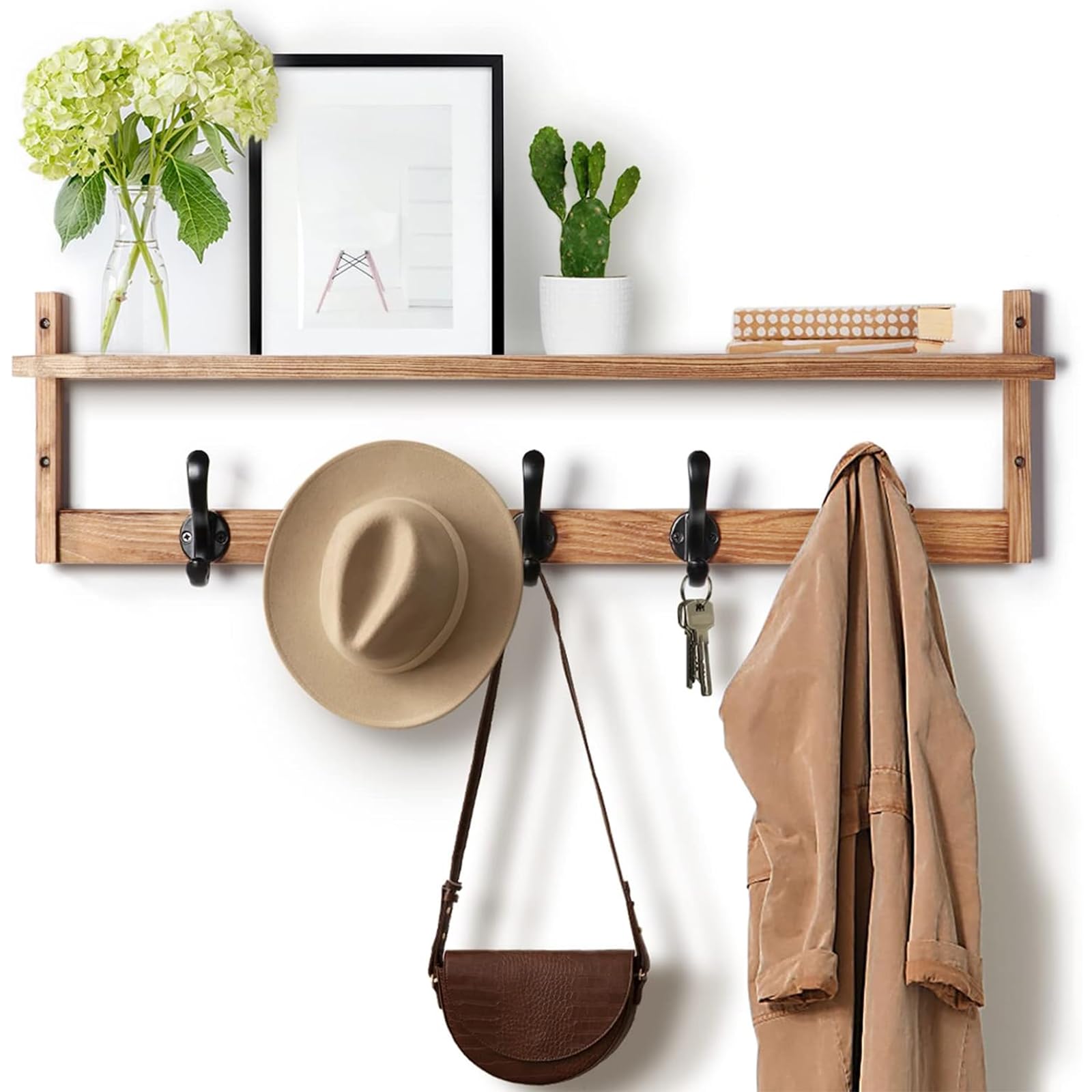 Tatub 29'' Coat Rack Wall Mount with Shelf, Wood Wall Hooks with Storage, Entryway Shelf with 5