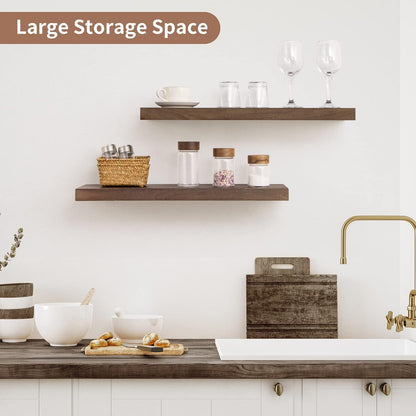 Axeman Floating Shelves for Wall, 24''W x 8'' D Rustic Solid Elm Wood Shelves for Storage, Wall Mounted Display Shelving with Invisible Heavy-Duty Metal Bracket (Walnut, 2PCs)