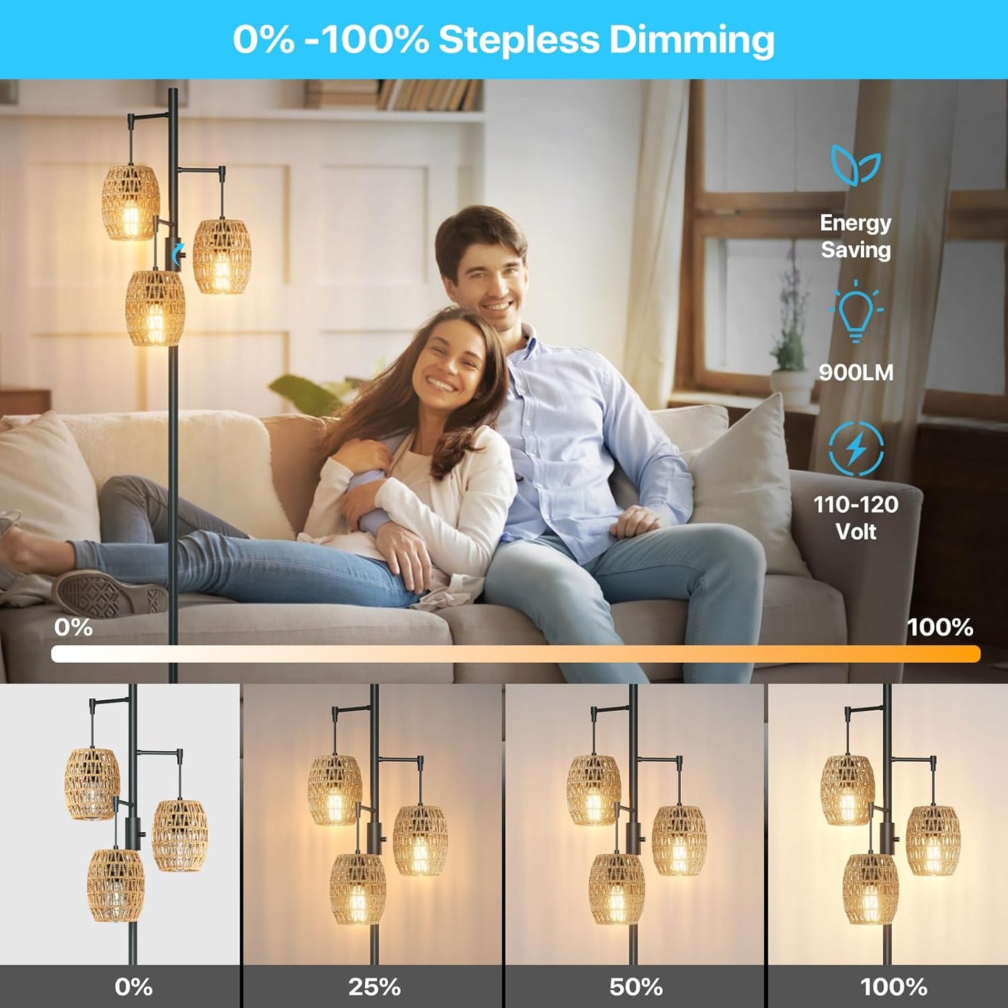 Boho Rattan Floor Lamp - Dimmable 70 Inch with Shades, Coastal 3 Light Bohemian Standing Lamp for Living Room Bedroom Office