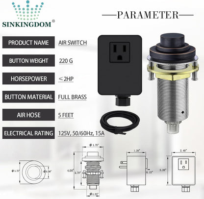 SinkTop Air Switch Kit (Long Full Brass Button) for Garbage Disposal, Cordless Oil Rubbed Bronze