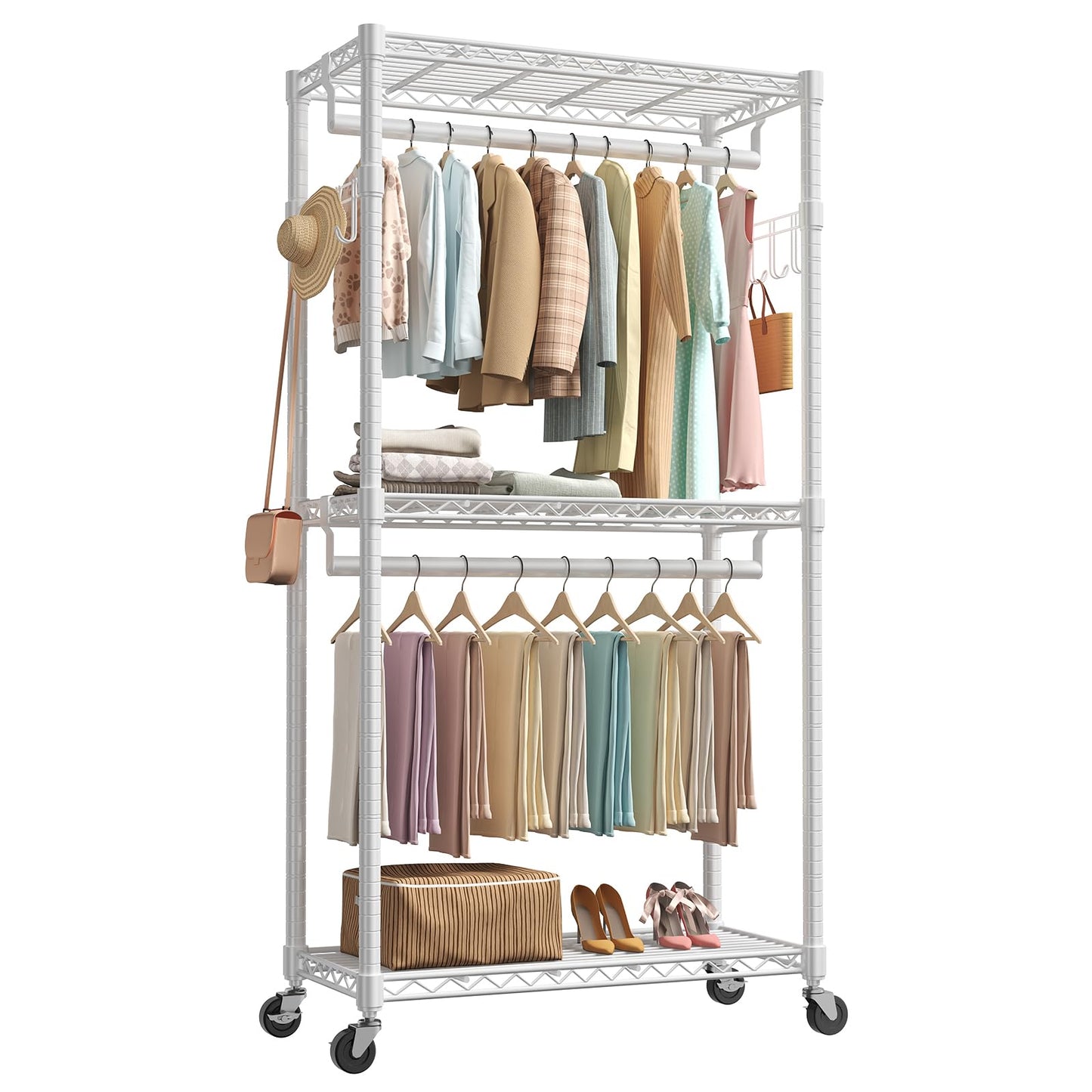 OLIXIS Clothes Rack Heavy Duty Adjustable Garment Clothing Rack with Wheels, Rolling Metal
