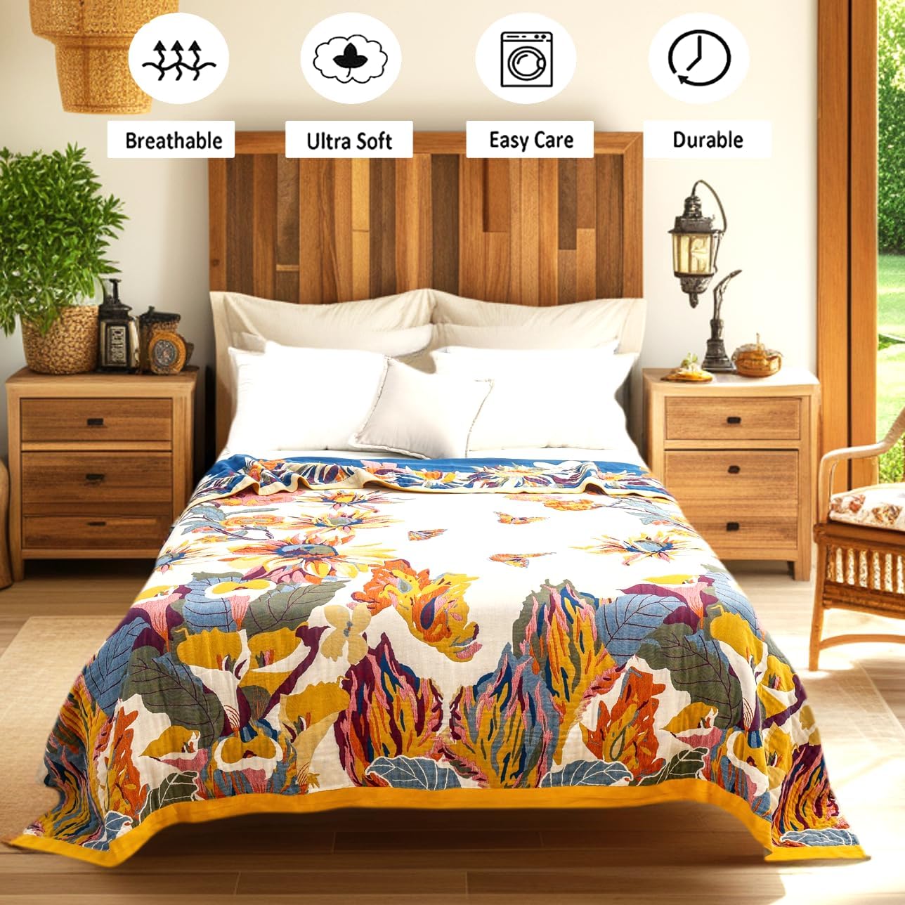 Boho Large Throw Blanket, 100% Organic Cotton Breathable Soft Bed King Throw - Fall Floral Bird Butterfly Farmhouse Decor Blanket for Sofa Couch Chair and Gift. 91" x 98"