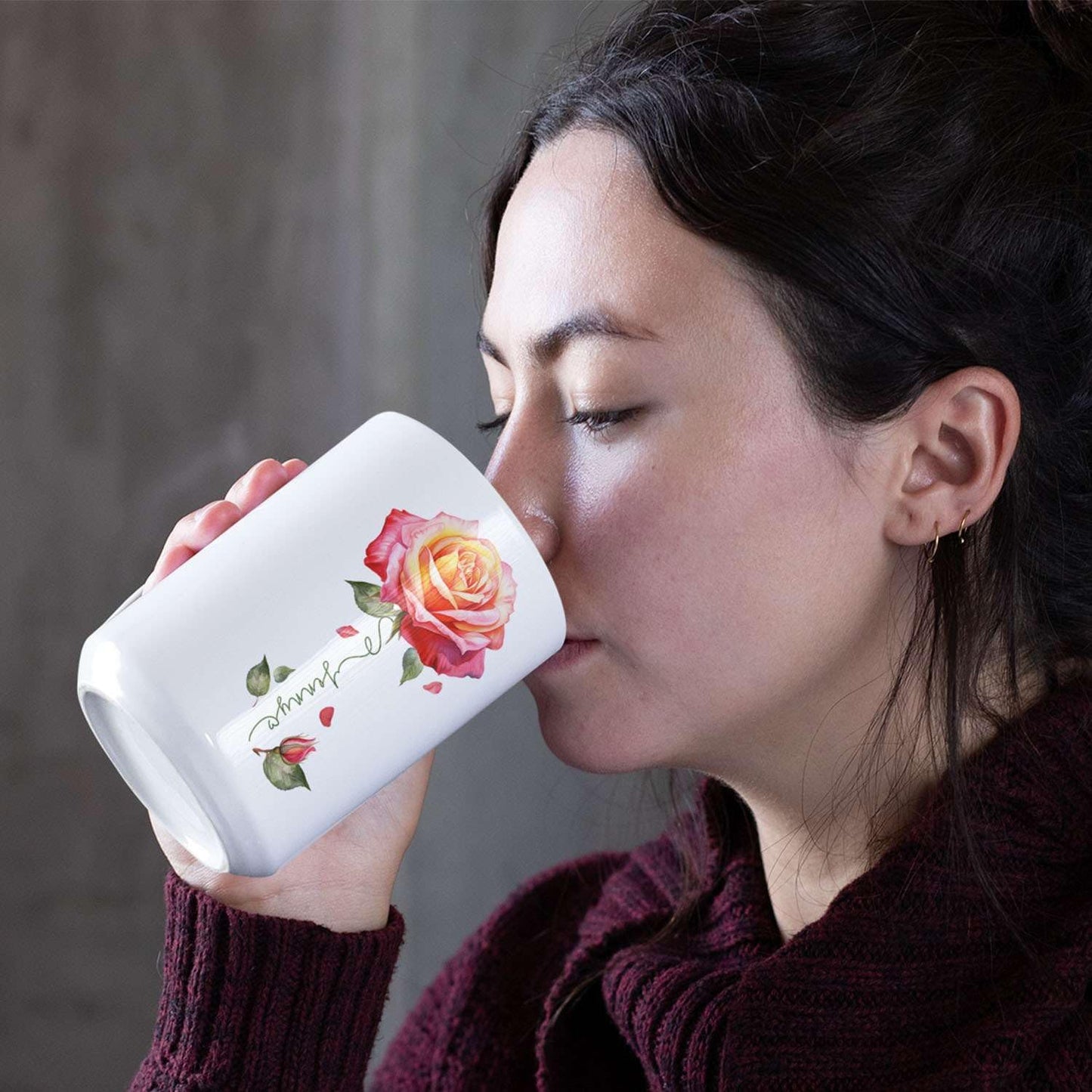 Novelty Rose Accent Cup For Girl, Personalized Rose Flower Coffee Mug 11oz 15oz, Customized Rose Lover Ceramic Cup With Name, Custom Flower Design Mug, Gift For Anniversary