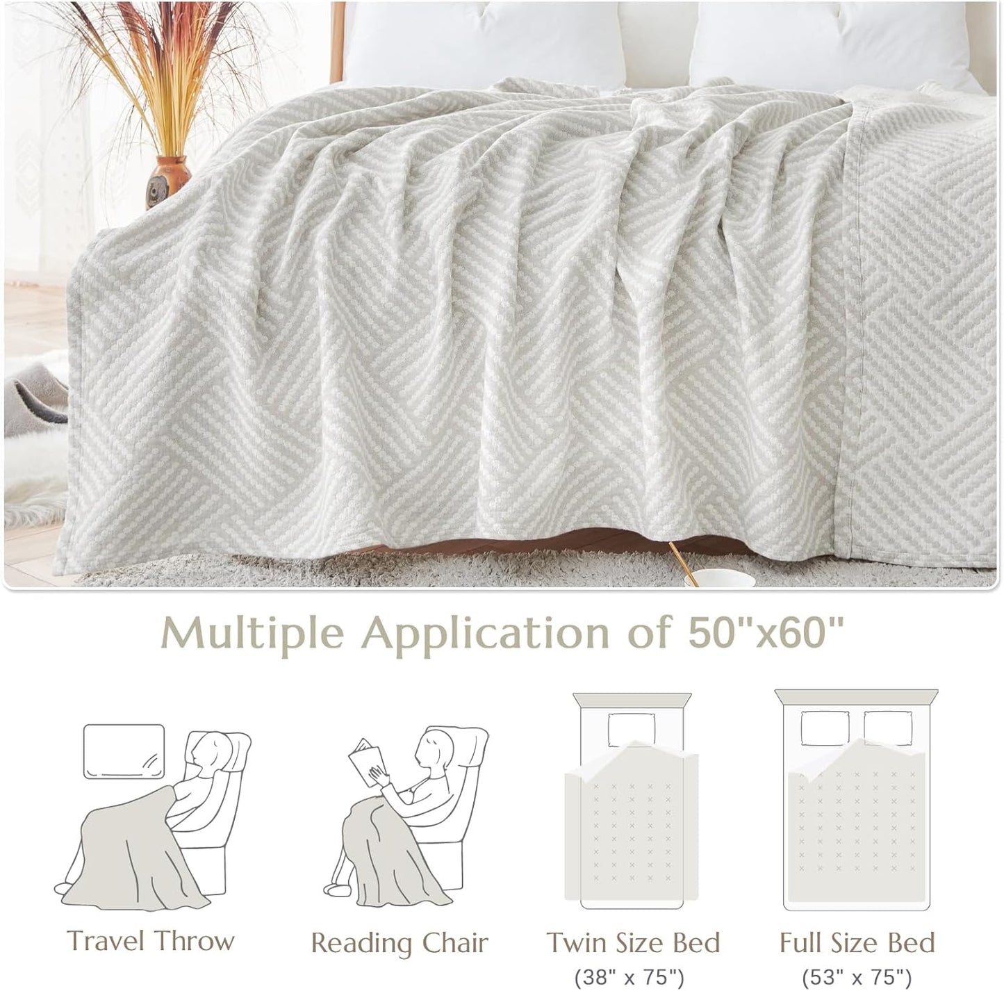 jinchan Boho 100% Cotton Blanket Muslin 50x60 Inches Lightweight 3-Layer Geometric Square Striped Pattern Reversible Quilt Throw Soft Breathable Comfy All Seasons for Couch Bed Decor, Light Grey