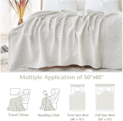 jinchan Boho 100% Cotton Blanket Muslin 50x60 Inches Lightweight 3-Layer Geometric Square Striped Pattern Reversible Quilt Throw Soft Breathable Comfy All Seasons for Couch Bed Decor, Light Grey
