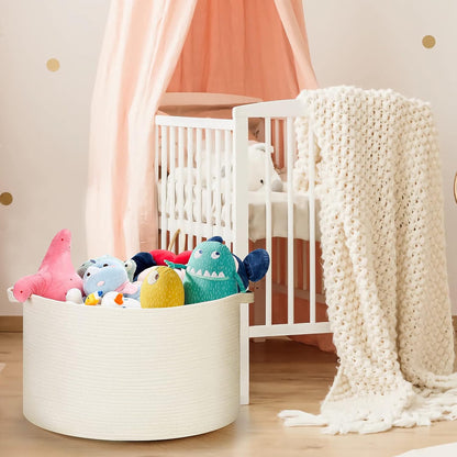 Ravinte Blanket Basket - 20"x 20"x 13" Cotton Rope Basket for Living Room, Baby Toy Storage Basket, Large Woven Laundry Basket (White)