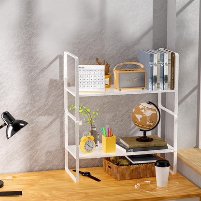 iPEGTOP Expandable Cabinet Storage Shelf Organizer Rack, 2 Pack Heavy Duty Steel Metal Spice Rack Adjustable Height Garage Pantry Shelf Space Riser for Counter Kitchen Organization, White