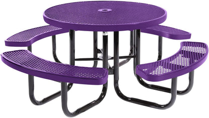 Heavy-Duty Portable Outdoor Picnic Table with Umbrella Hole, Expanded Metal Commercial-Grade Patio Dining Furniture Made in America (46" Round Top, Purple)