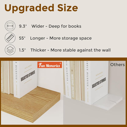 55 Inch Floating Shelves Set of 2, Rustic 55 x 9 Floating Shelf for Wall, 9 Inch Deep Wall Shelves Invisible Bracket, Large Deep Shelving for Bedroom, Kicten, Living Room, Oak Color