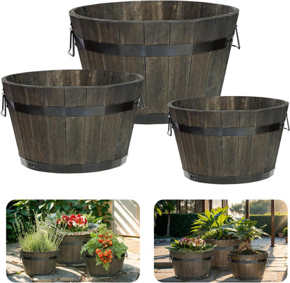 IDZO Set of 3 Wooden Flower Planters for Outdoor Plants, Acacia Wood Barrel Planters, Ergonomic Handles, Drainage Holes, Various Sizes, Black
