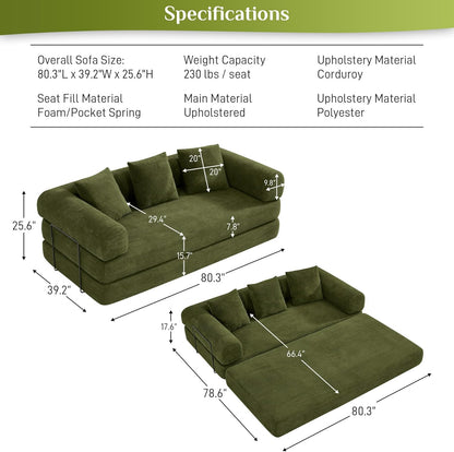 80.3" Convertible Sleeper Sofa Bed with Cylindrical Pillow, Corduroy Folding Mattress Couch with Fixed-Shape Frame, Modular Floor Sofa Lounge Couch for Living Room Bedroom Lounge, Green