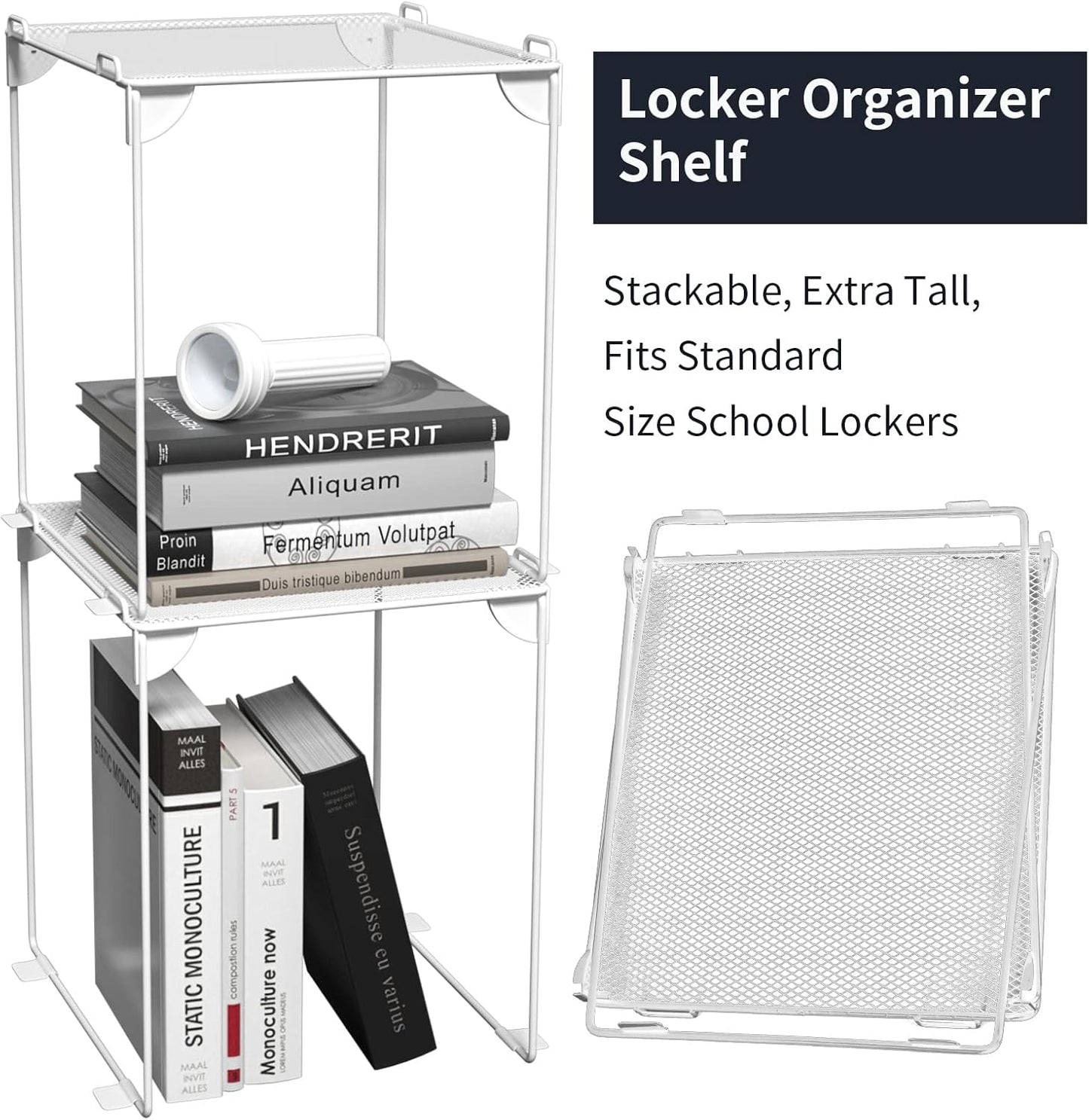 Neudeco Pack 2, Mesh Locker Shelf, Stackable Extra Tall Locker Organizer, Collapsible and Metal Mesh Build, Fits Standard Size, Suitable for School, Work, Kitchen, Bathroom (White)