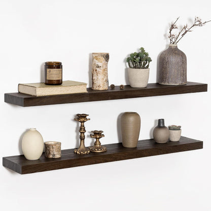 36 Inch Floating Shelves for Wall, Rustic Elm Wood Shelf for Home Decor, Heavy-Duty Wooden Floating Shelves for Kitchen, Wall Mounted Storage Shelves for Bathtoom, Living Room, Walnut Color, Set of 2