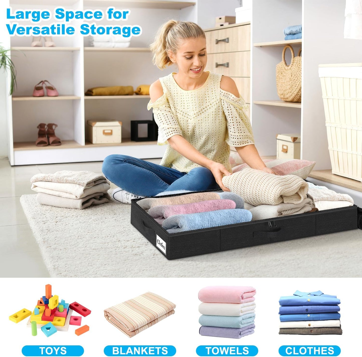 Under Bed Storage Container Bin 4 Pack, 4.5 Inch Slim Low Profile Underbed Clothes Storage Organizer for Dorm & Home, Use for Blanket and Toy Storage Box W/ Sturdy Bottom/Sides, Foldable Thick Fabric