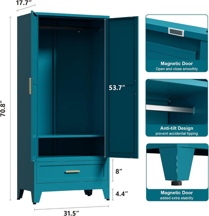 71'' Farmhouse Metal Wardrobe Cabinet with Hanging Rod, 2 Barn Door Wardrobe Closet with Adjustable Shelves,Drawer,for Dining Room,Bedroom,Living Room, Cloak Room,Office (Peacock Blue)