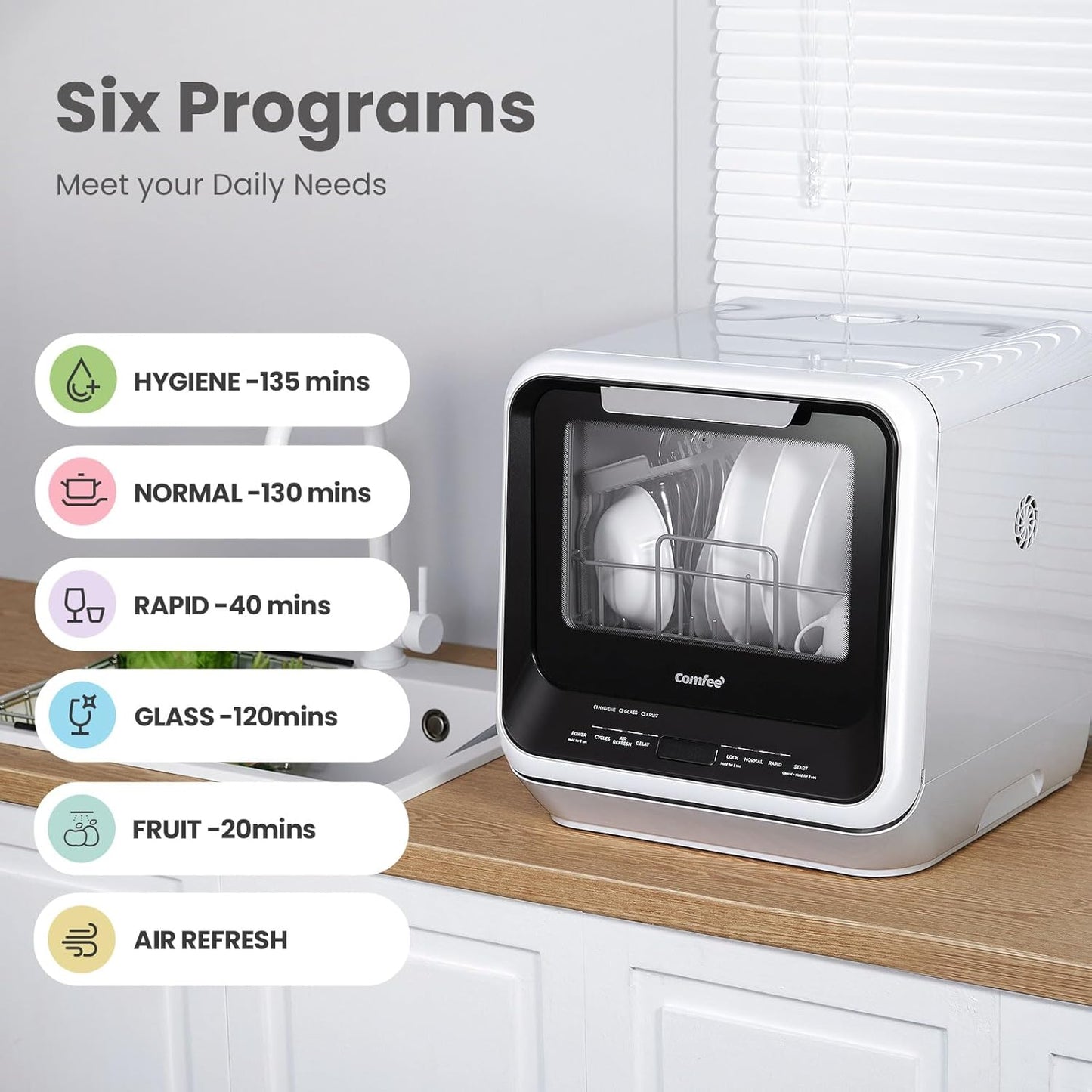 COMFEE' Portable Mini Dishwasher Countertop with 5L Built-in Water Tank for Apartments& RVs, No Hookup Needed, 6 Programs, 360° Dual Spray, 162??High-Temp& Air-Dry Function