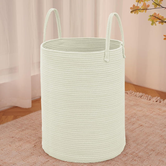 Large Woven Laundry Basket Hamper,80L Cotton Rope Storage Bin for Blankets,Toys and Clothes,Decorative Tall Nursery Hamper for Living Room,Baby Nursery,Bathroom and Bedroom,White