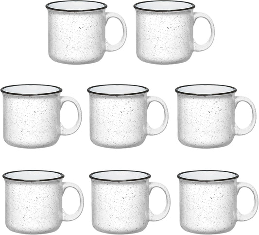 Set of 8 Ceramic Campfire Mugs – 15 Oz, White – Coffee & Tea Cups for Home, Work, Travel, Camping
