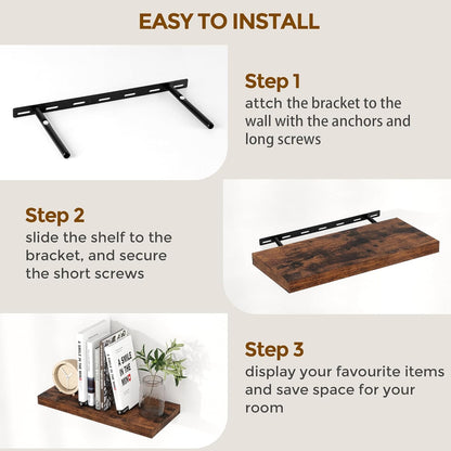 Fun Memories 16 Floating Shelves, 9 Inch Deep Wall Shelf for Bathroom, Rustic 16 x 9 Floating Shelf for Kitchen, Bedroom, Wide Wooden Shelves Wall-Mounted, Rustic Brown Color, Set of 2