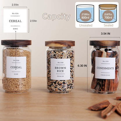 6 Set Glass Pantry Storage Jars with Acacia Airtight Lid - 23oz Thicken Glass Kitchen Canisters with 132 Pantry Labels - Clear Glass Food Storage Containers with Wood Lid for Tea,Sugar,Cookie,Coffee