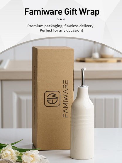famiware Jupiter 16oz Ceramic Olive Oil Dispenser Bottle, Olive Oil and Vinegar Dispenser Bottle Set of 2 with Stainless Steel Pourers, Suitable for Storage Vinegar, Vanilla White & Light Green