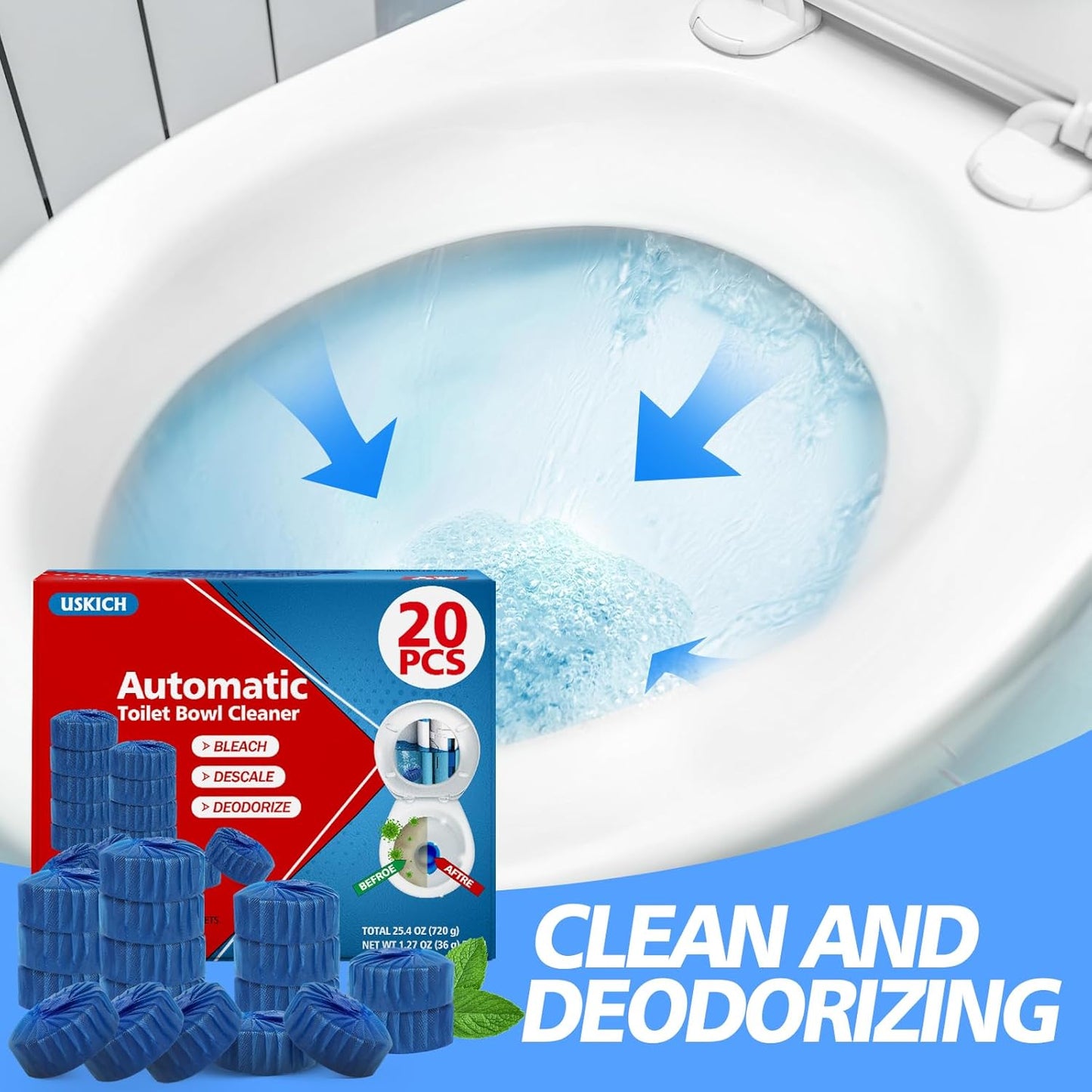 USKICH Toilet Bowl Cleaner Tablets 20 PACK, Bathroom Automatic Toilet Tank Blue Cleaners with Bleach, Slow-Releasing Household Toilet Cleaners for Deodorizing, Descaling, against Tough Stains